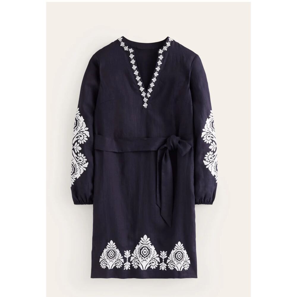 Boden Cleo Embroidered Linen Dress Navy White Long Sleeve Belted Size 14 - Picture 2 of 10